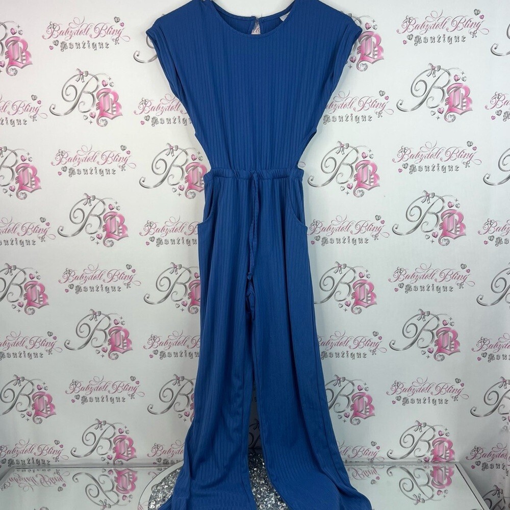 Rebel Sugar girls jumpsuit pants flared open side cutout Blue Ribbed Jumpsuit